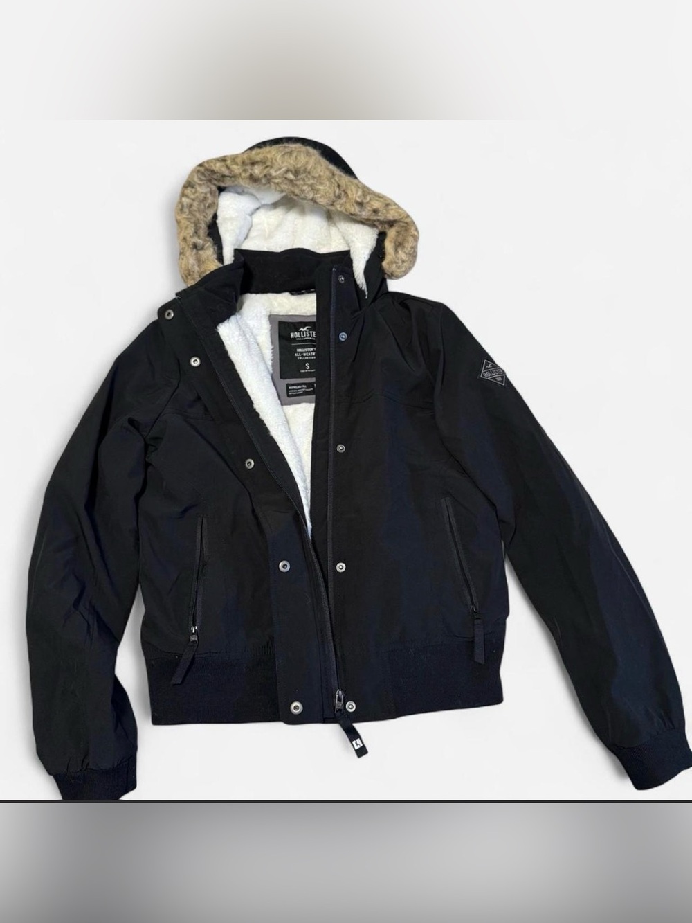 Hollister Black Hooded Bomber Jacket with Faux-Fur Trim